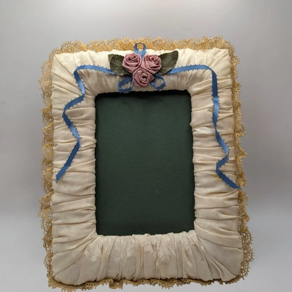 Vintage Grannycore Sateen Picture Frame Blue and Cream Floral Lace Handmade